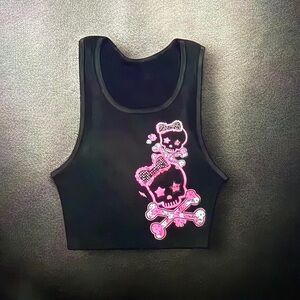 Black Crop Top with Pink Skull Design